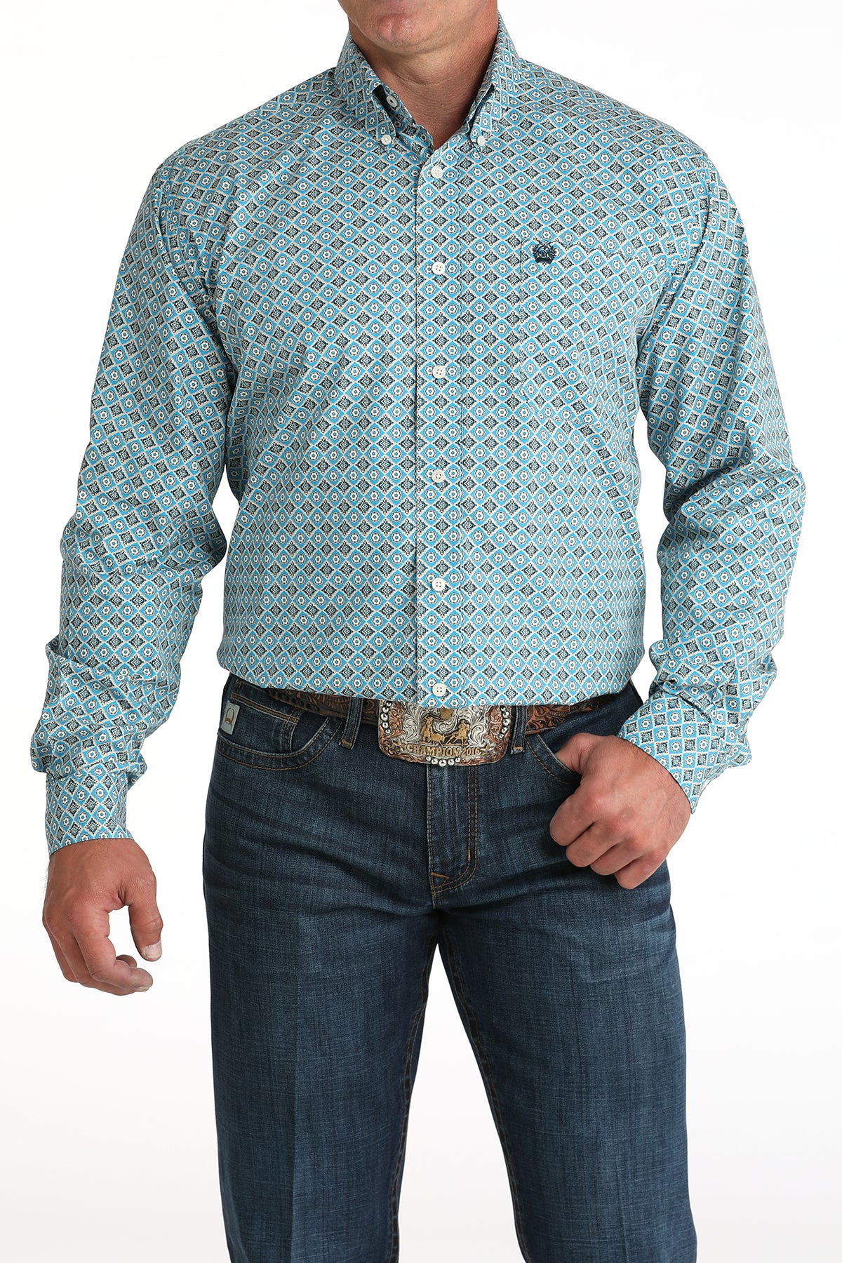 Cinch Men's Blue Geo Print Long Sleeve Shirt