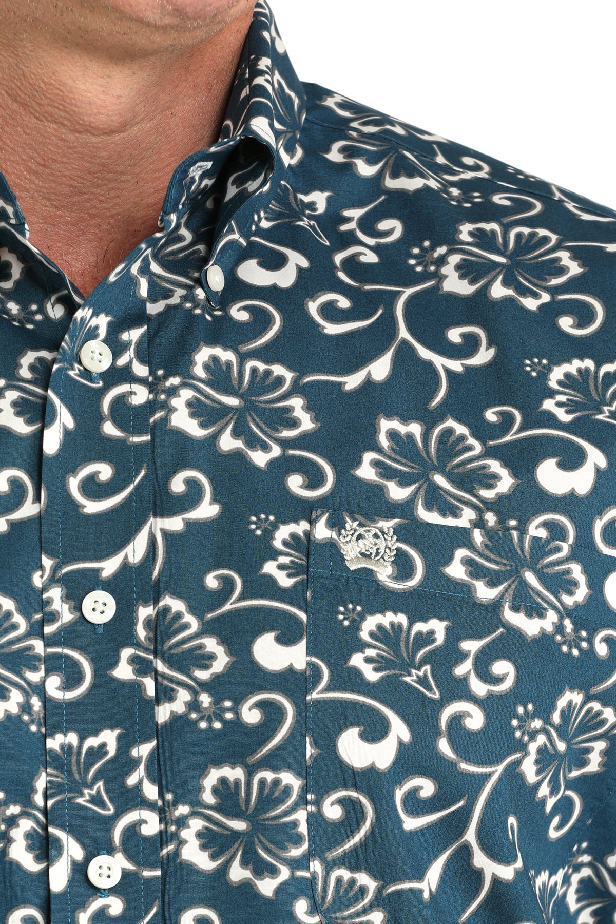 Cinch Teal Hibiscus Print Long Sleeve Shirt