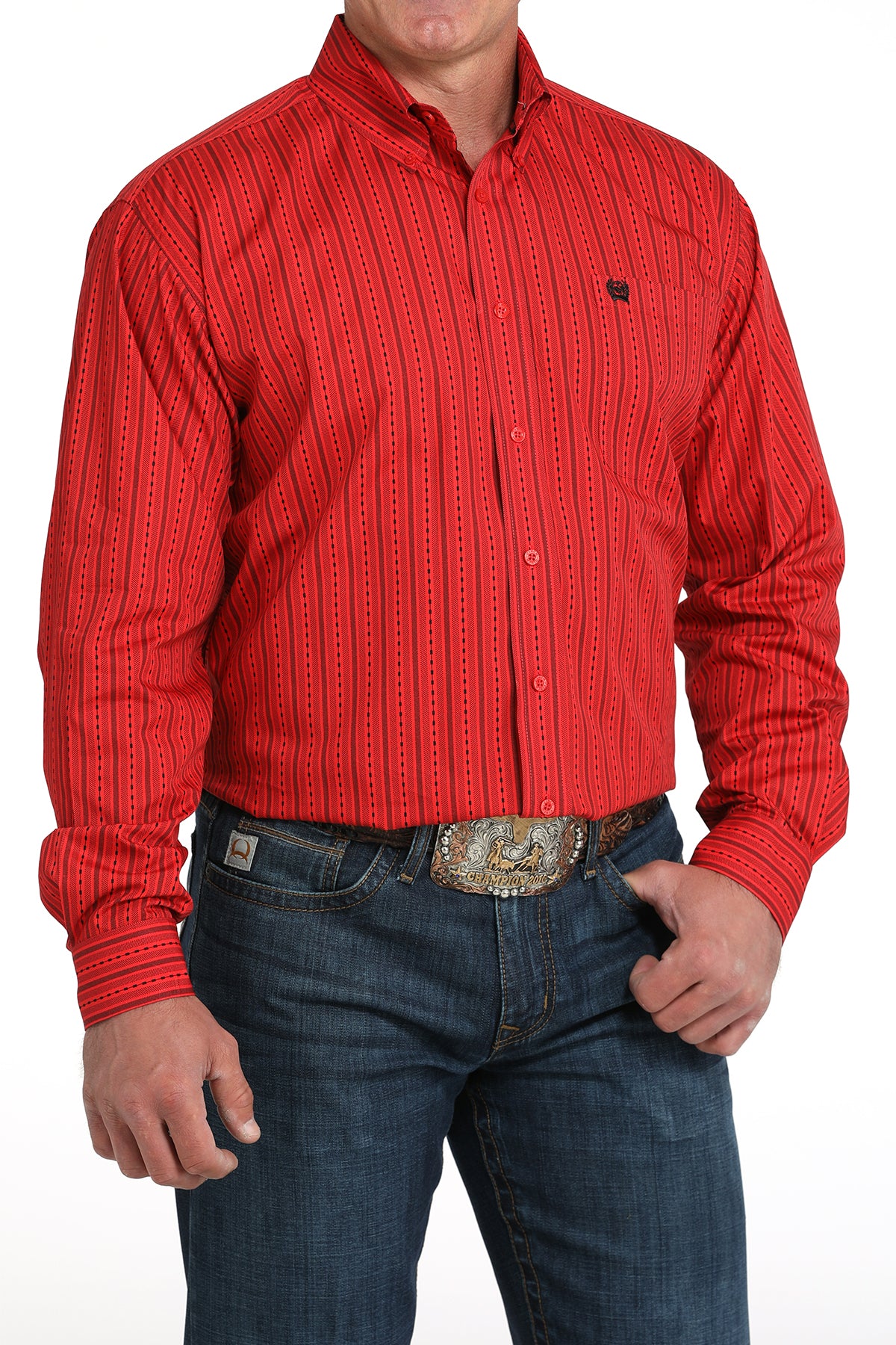 Cinch Red With Black Stripe Long Sleeve Shirt