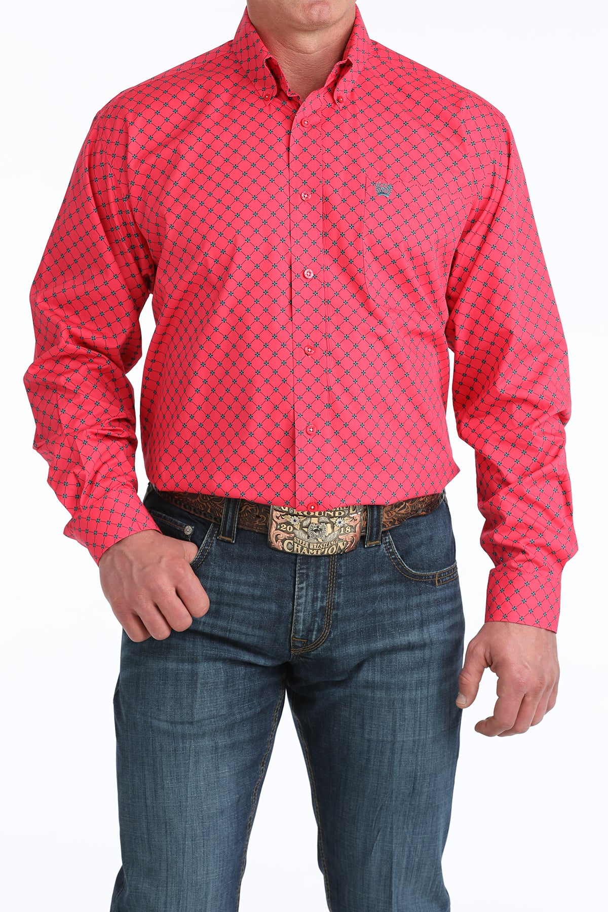Cinch Men's Pink Geometric Blue Print Classic Fit Long Sleeve Shirt