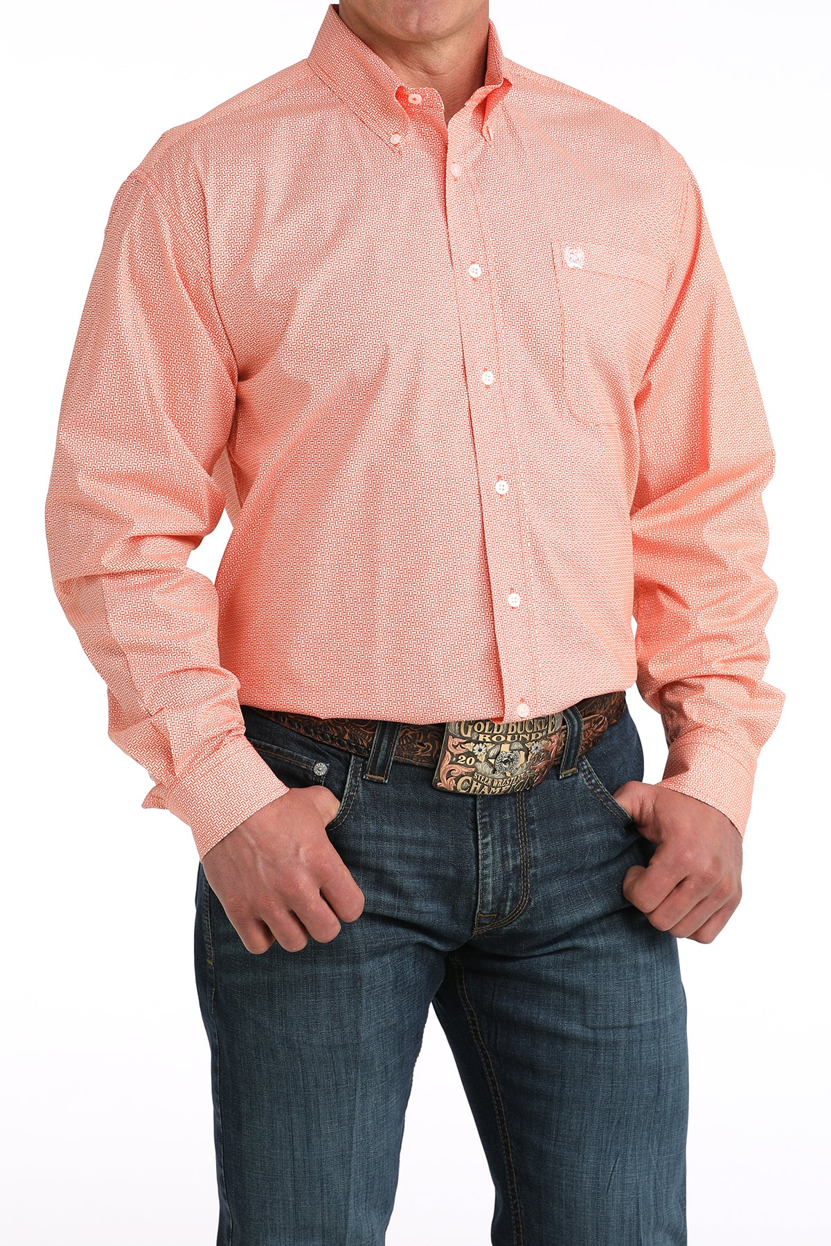 Cinch Men's Orange Geo Print Long Sleeve Shirt