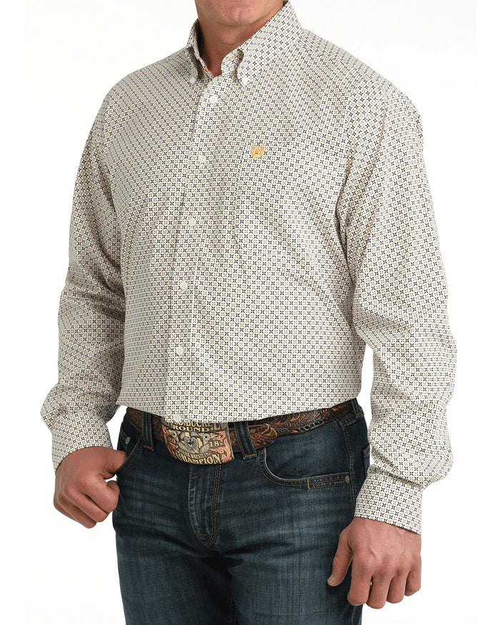 Cinch Men's White Geo Print Long Sleeve Shirt