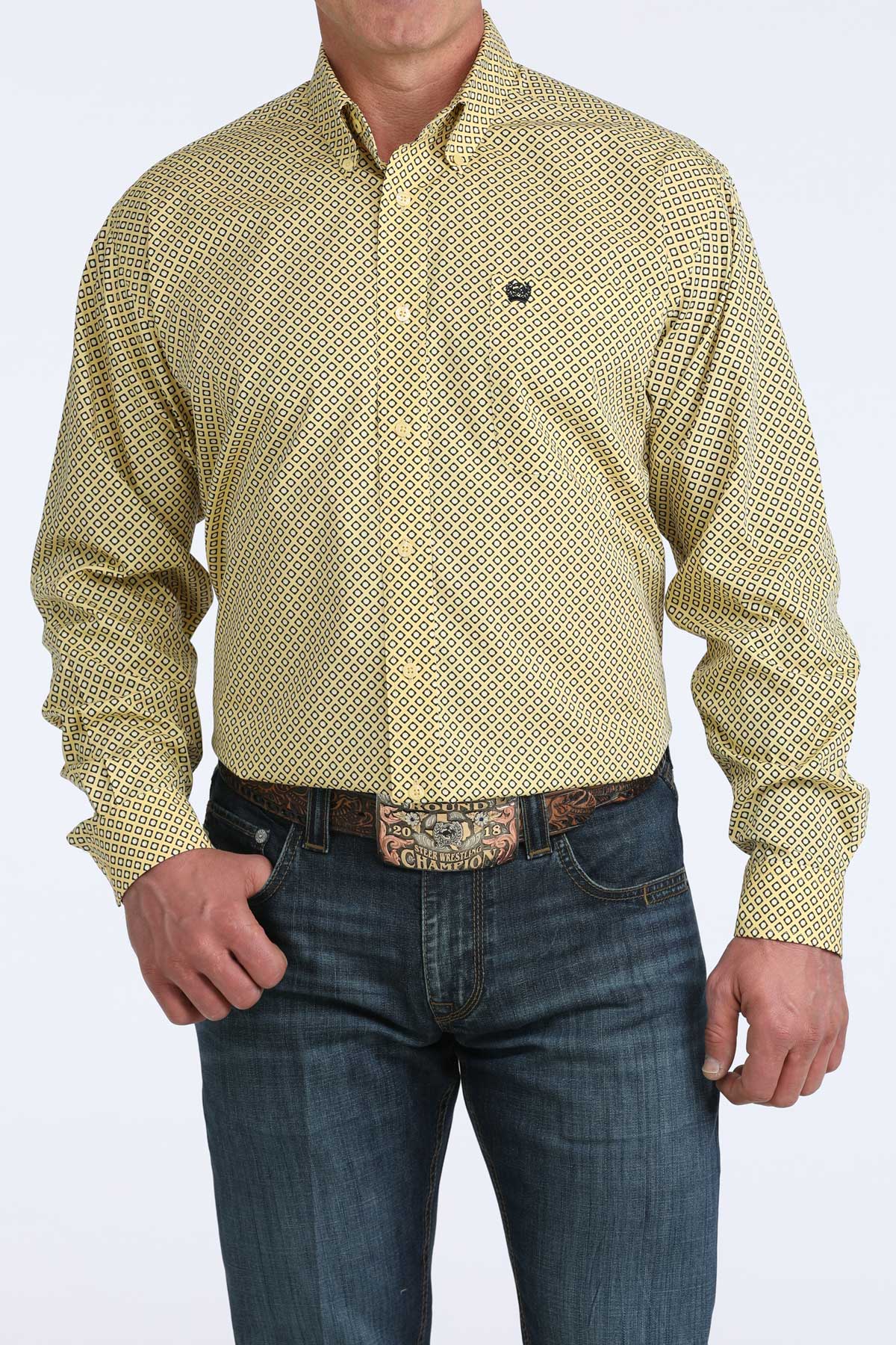 Cinch Yellow Diamond Print Long Sleeve Shirt