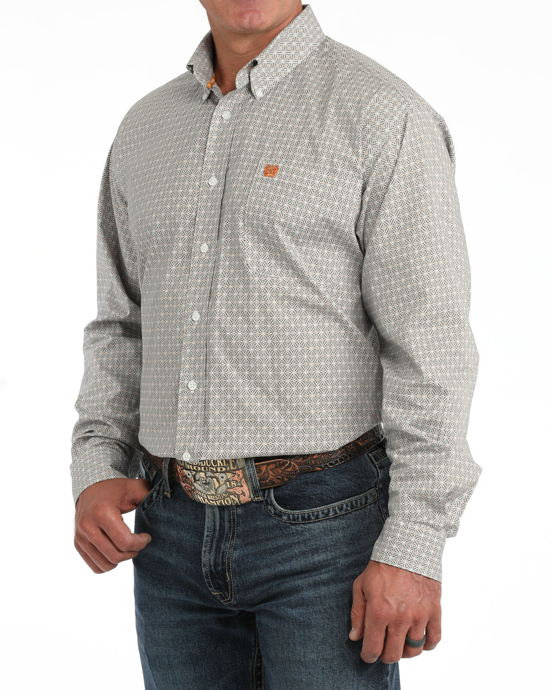 Cinch White Floral Orange Geometric Print Long Sleeve Shirt