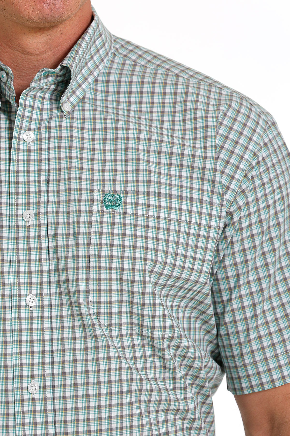 CINCH MENS WHITE & GREEN PLAID SHORT SLEEVE SHIRT