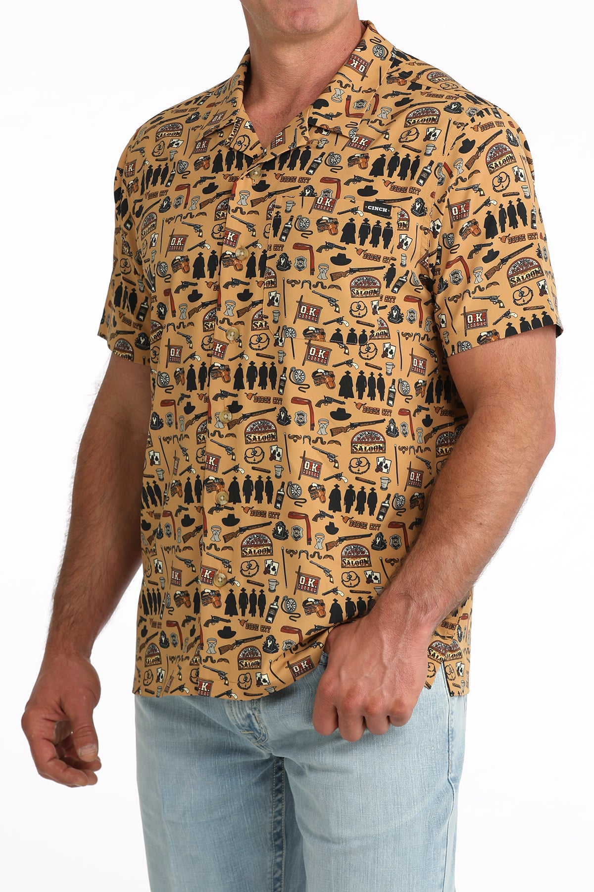 Cinch Men's Brown Western Outlaw Print Short Sleeve Camp Shirt