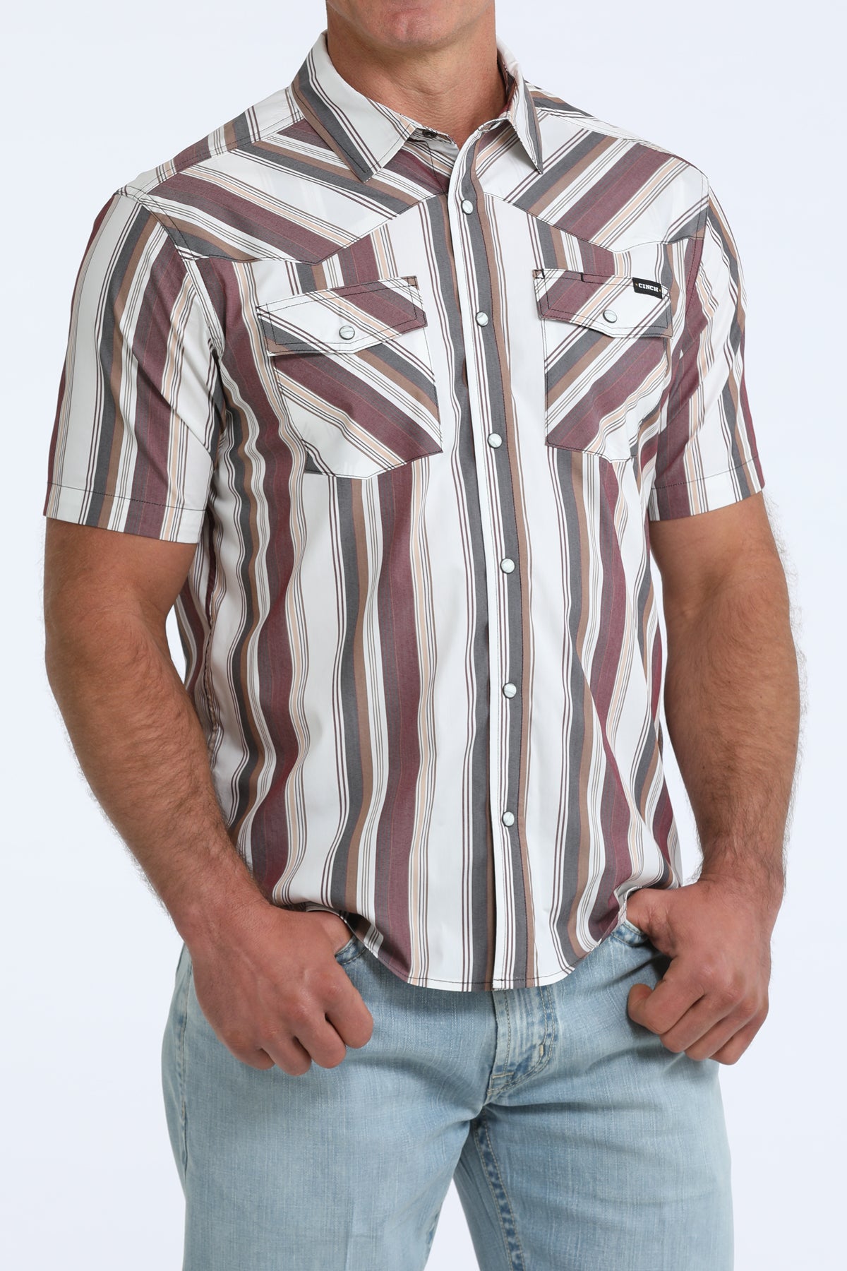 Cinch Short Sleeve Maroon Striped Camp Shirt