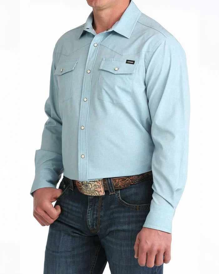 Cinch Men's Light Blue Stretch Ripstop Camp Shirt