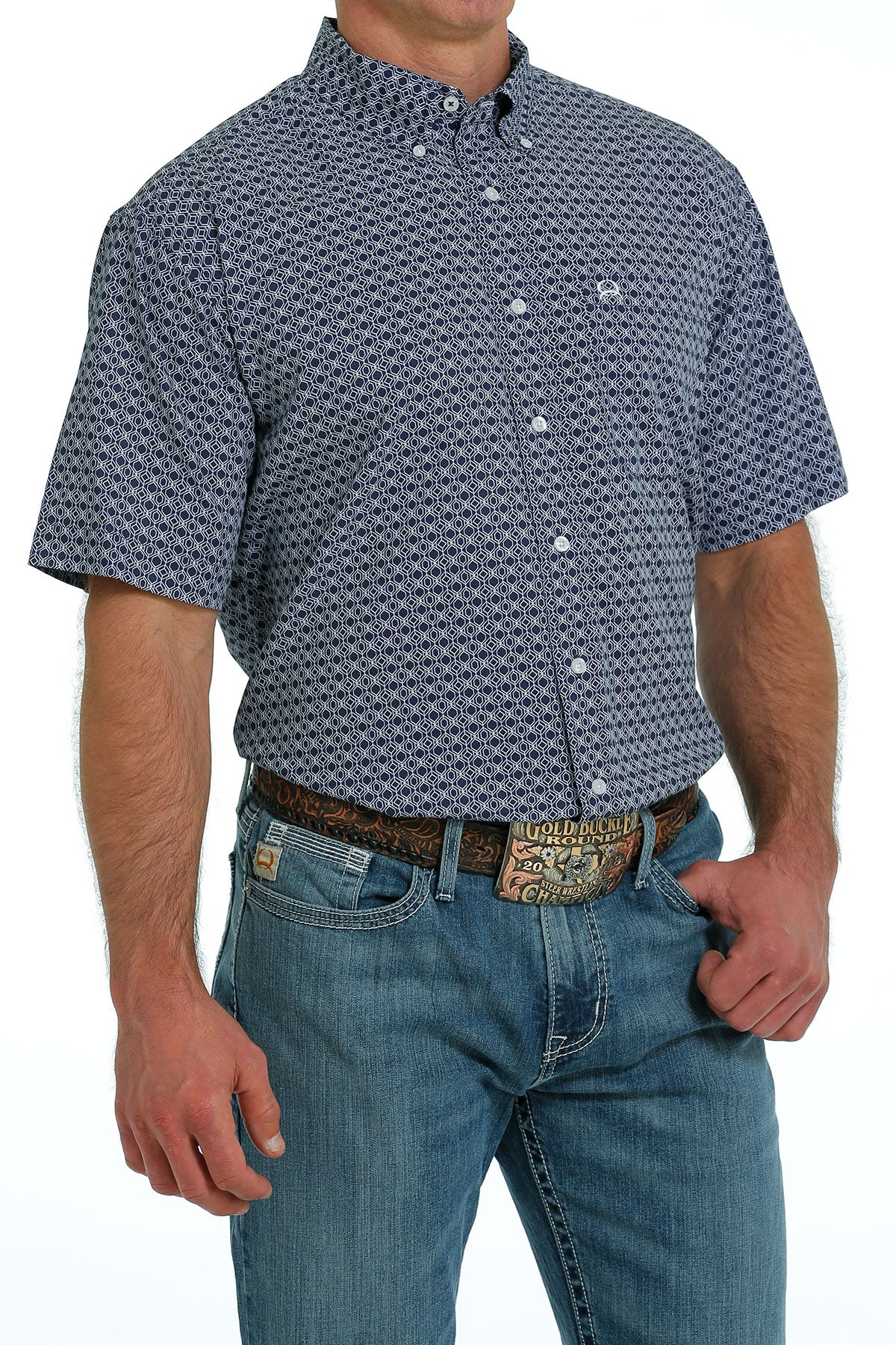 CINCH MENS NAVY PRINT ARENAFLEX SHORT SLEEVE SHIRT