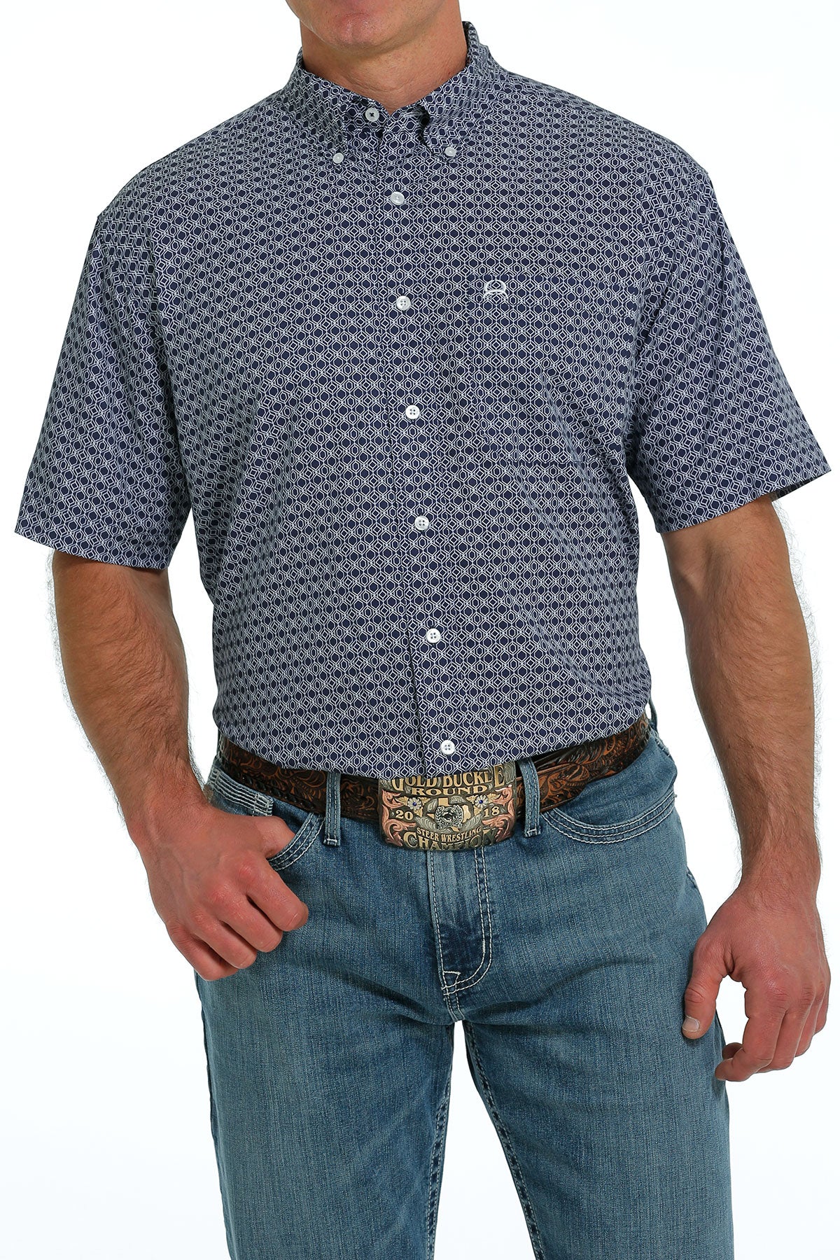 CINCH MENS NAVY PRINT ARENAFLEX SHORT SLEEVE SHIRT