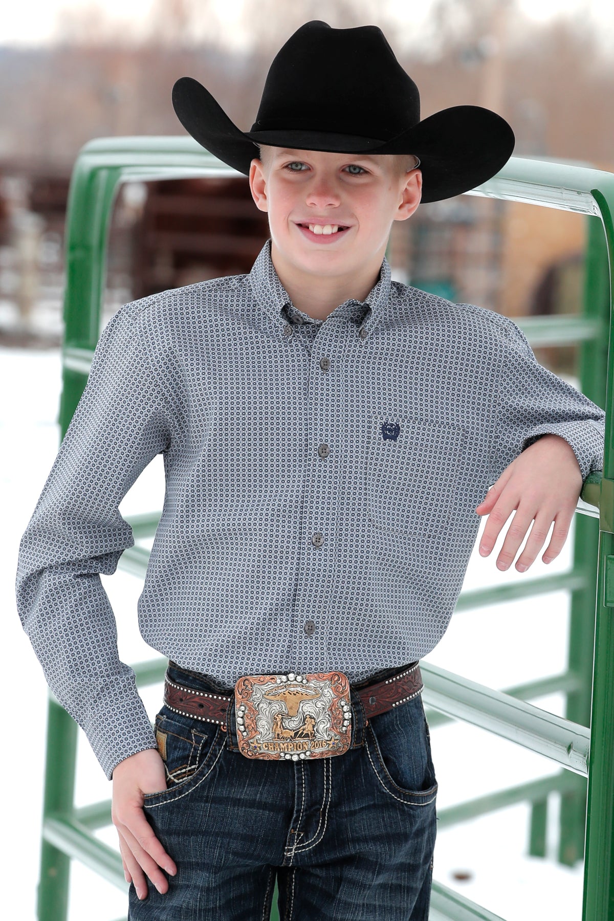 CINCH BOYS GREY CIRCLE BUTTON DOWN LONG SLEEVE SHIRT