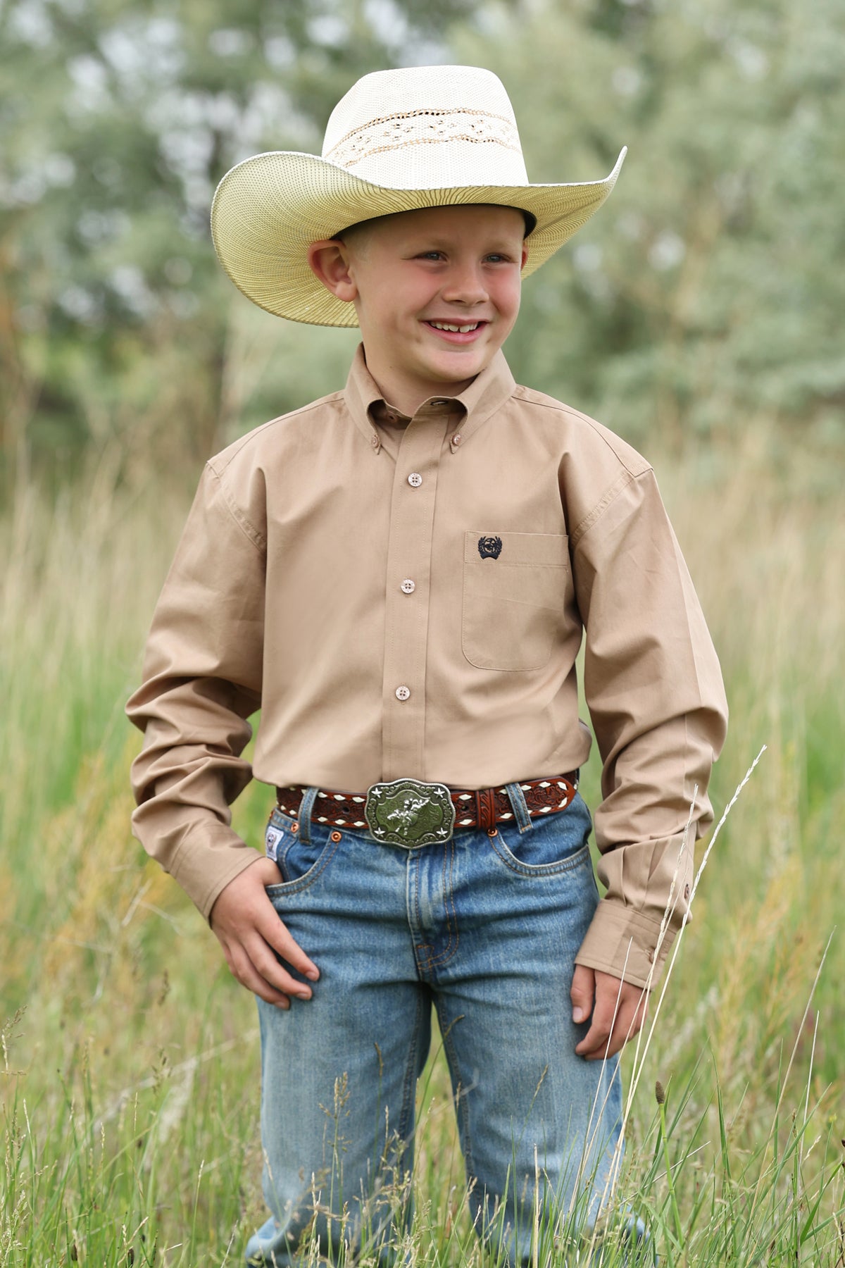 Cinch Youth Boy's Solid Khaki Brown Button Down Shirt