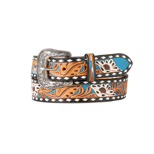 NOCONA HAND TOOLED PAINTED FLORAL INLAY BELT