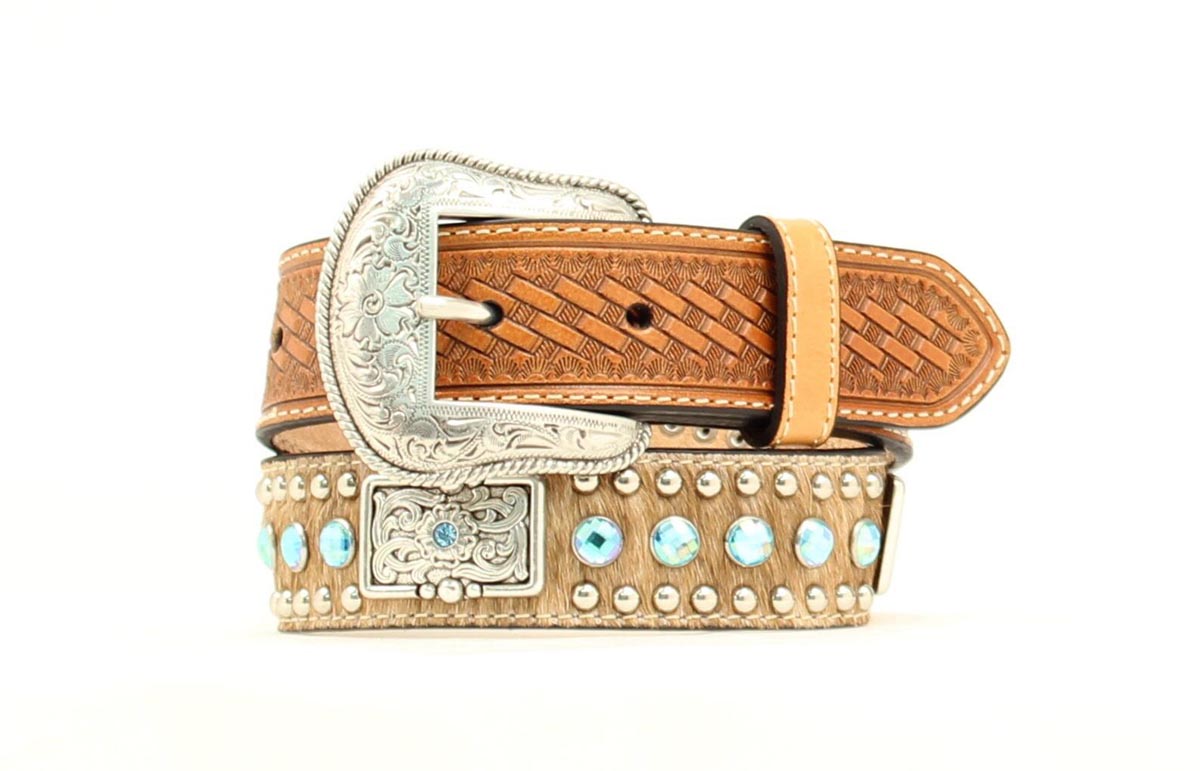 Nocona Brown Calf Hair Blue Rhinestone Belt