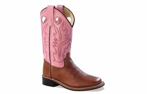 OLD WEST BROWN SQUARE TOE PINK TOP BOOT