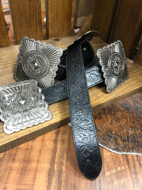 Black Tooled Leather Concho Belt