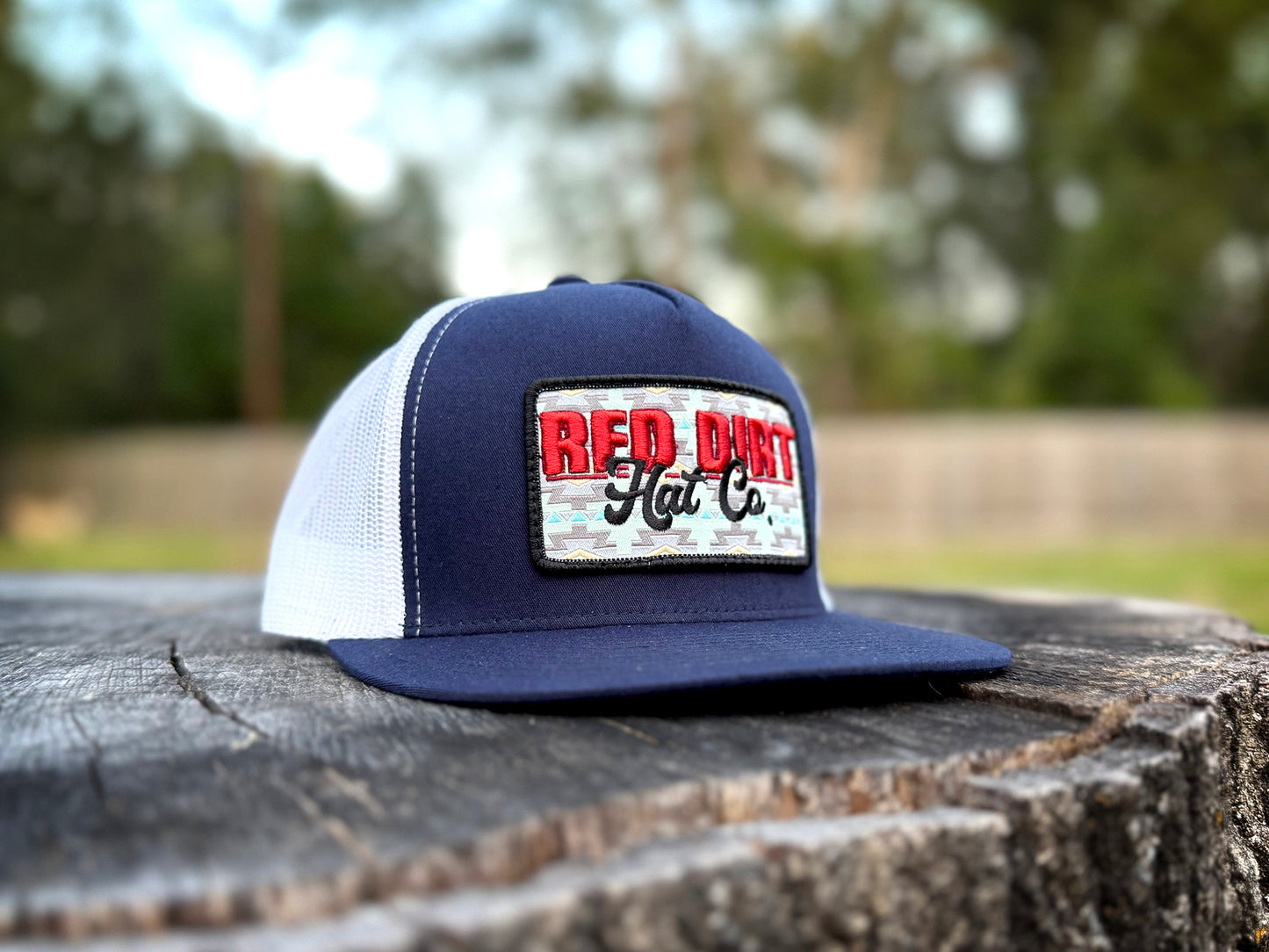 NAVY WHITE 5 PANEL FADED DENIM RED DIRT HAT