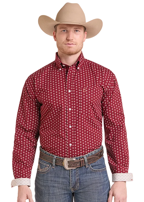 Rock & Roll Denim Men's Maroon Patterned Button Up Shirt