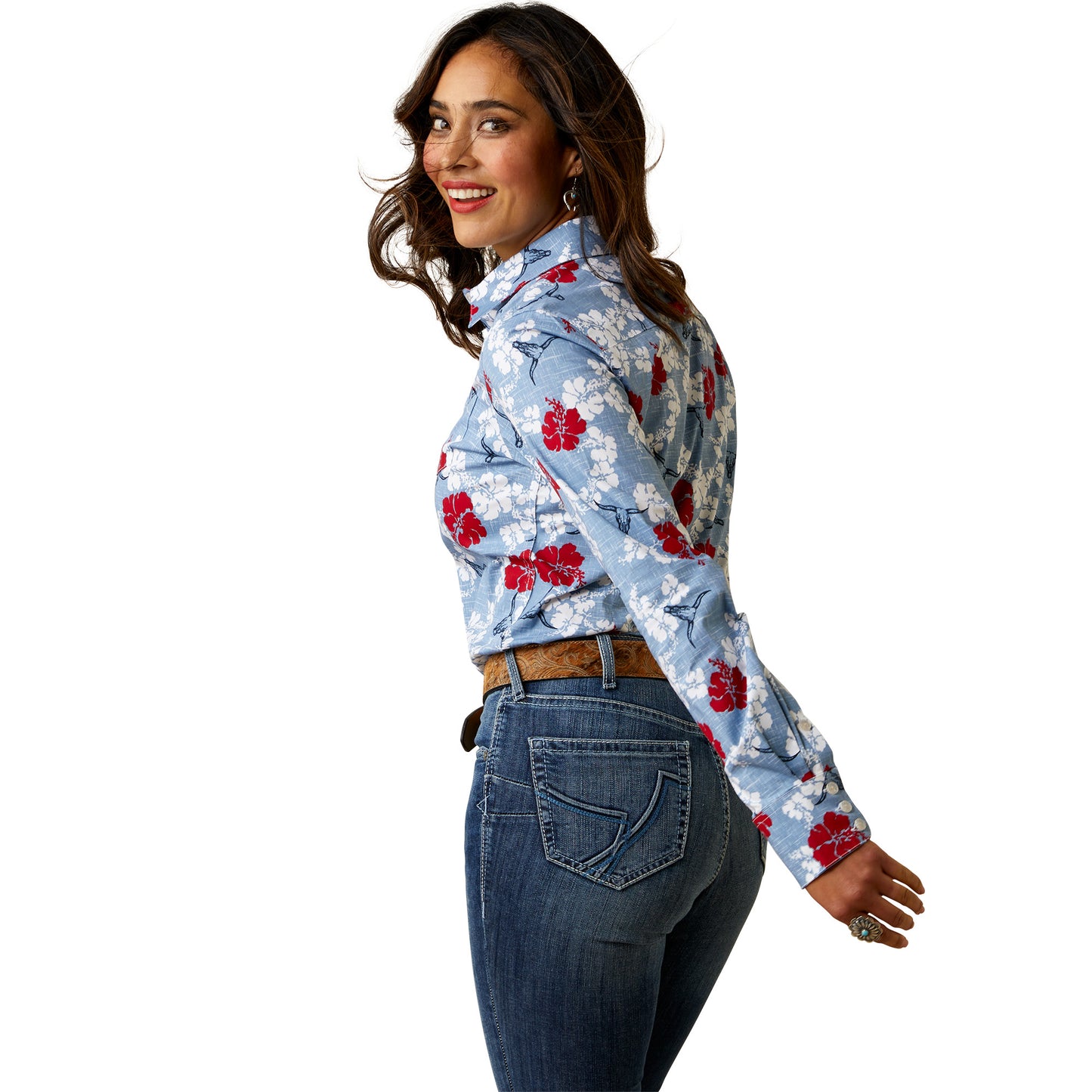 ARIAT LADIES ALOHA BLUE & RED FLORAL LONG SLEEVE SHIRT