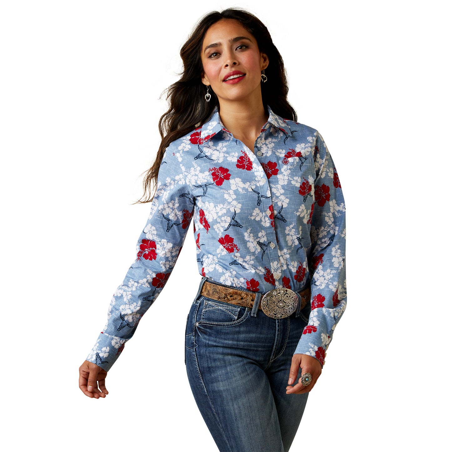 ARIAT LADIES ALOHA BLUE & RED FLORAL LONG SLEEVE SHIRT