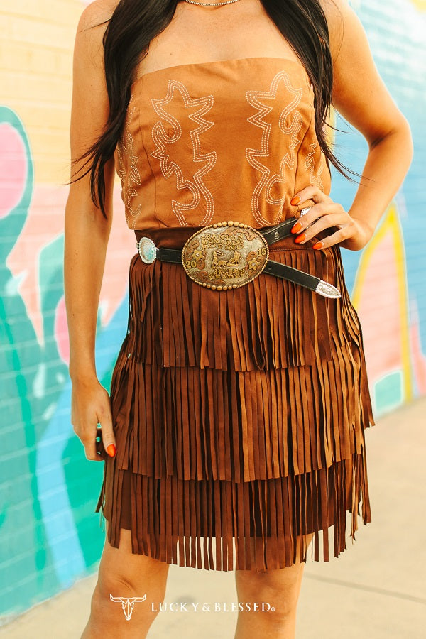 Brown Suede Stretch Fringe Tier Skirt
