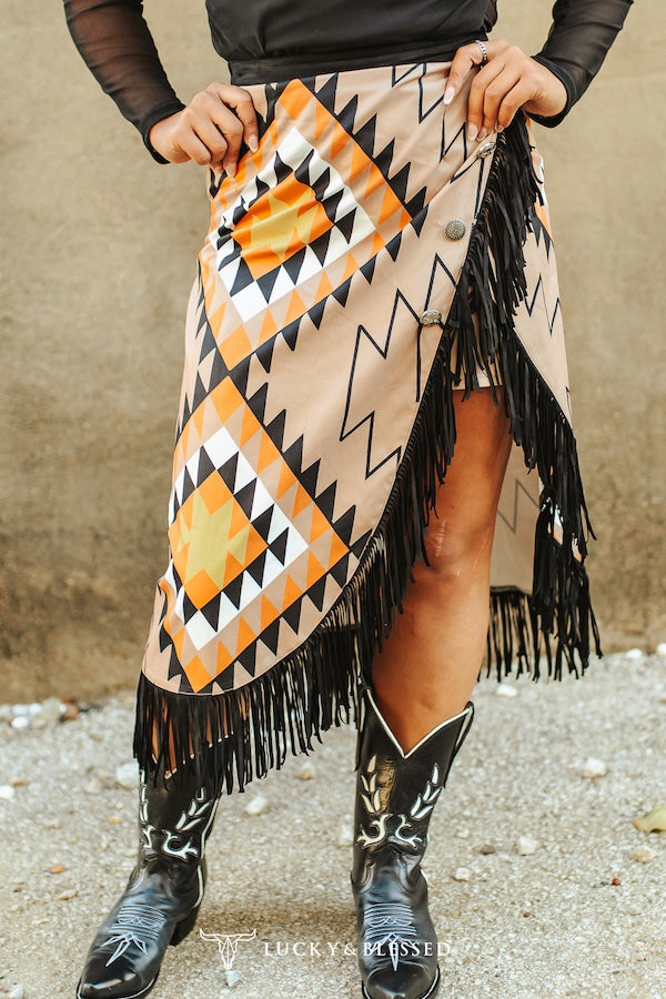 Mocha Aztec Asymmetrical Concho Button Wrap Fringe Skirt
