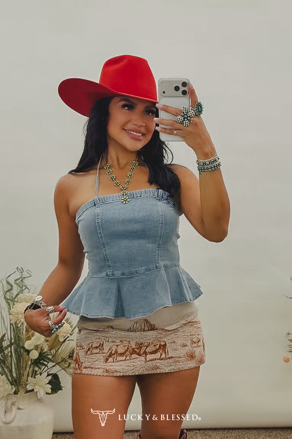 Mid Wash Stretch Denim Ruffle Lace Up Back Flutter Corset Top