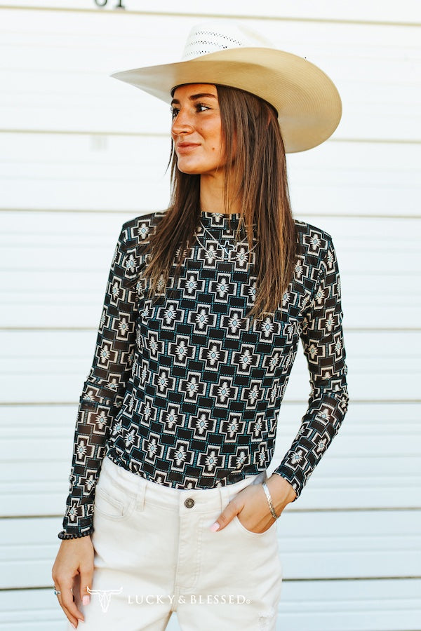 Black Aztec Long Sleeve Mesh Top