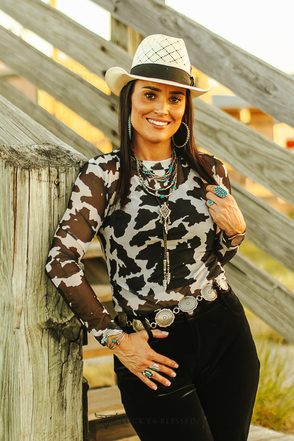 Black Cow Printed Long Sleeve Mesh Top