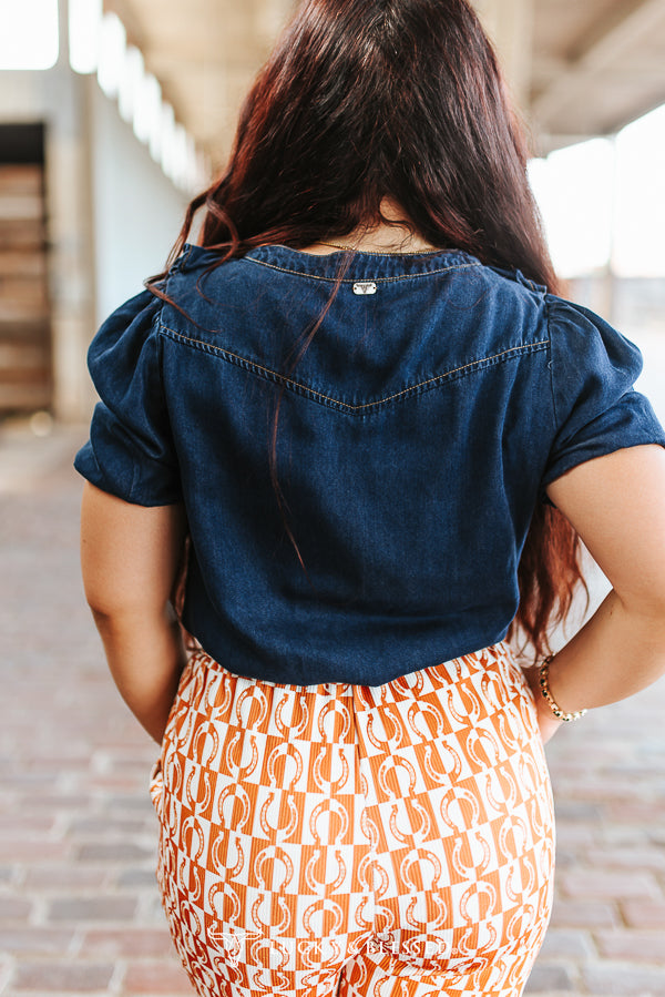 Dark Wash Button Down Short Sleeve Ruffle Top