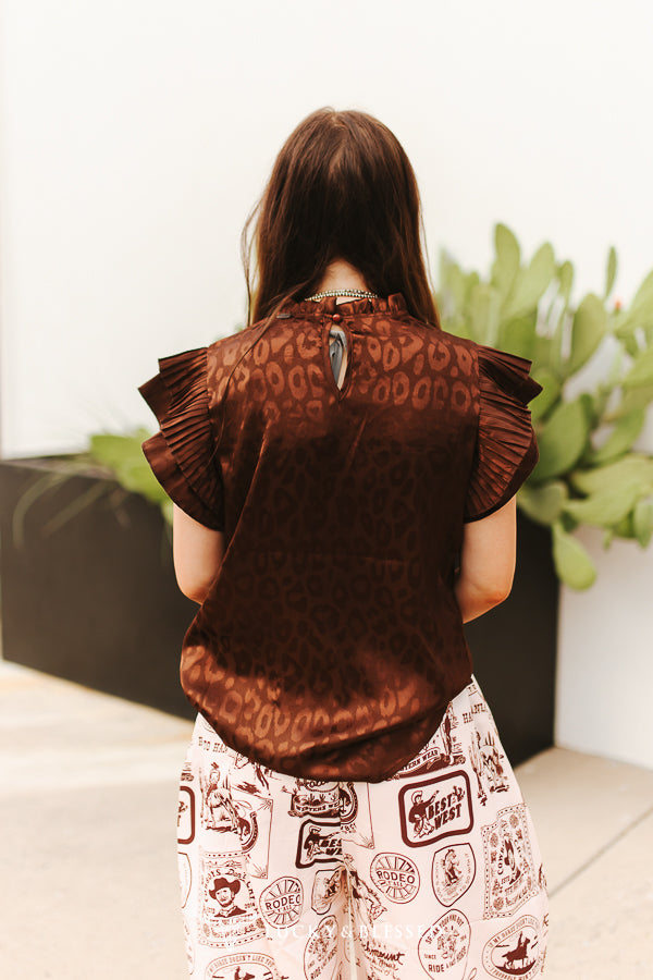 Brown Leopard Satin Pleated Ruffle Sleeveless Top