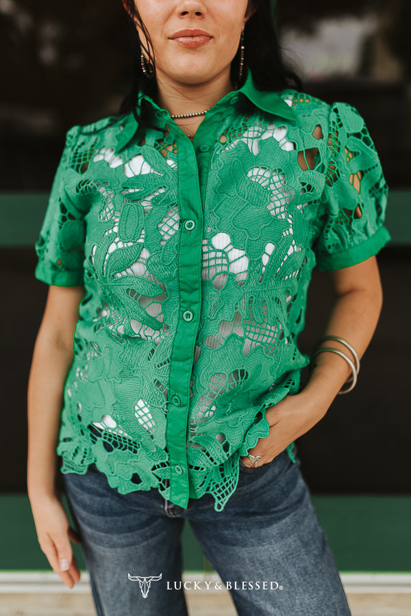 Jade Floral Crochet Button Down Crochet Puff Short Sleeve Top