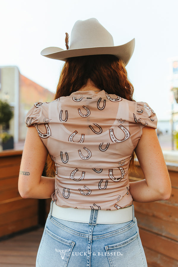 Camel Horseshoe Print Mesh Puff Sleeve Fitted Top