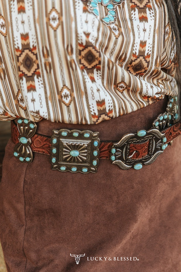 Brown Tooled Genuine Leather Turquoise Stone Ribbon Concho Belt