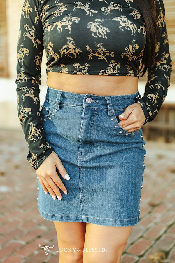 Mid Wash Stretch Denim Studded Skirt