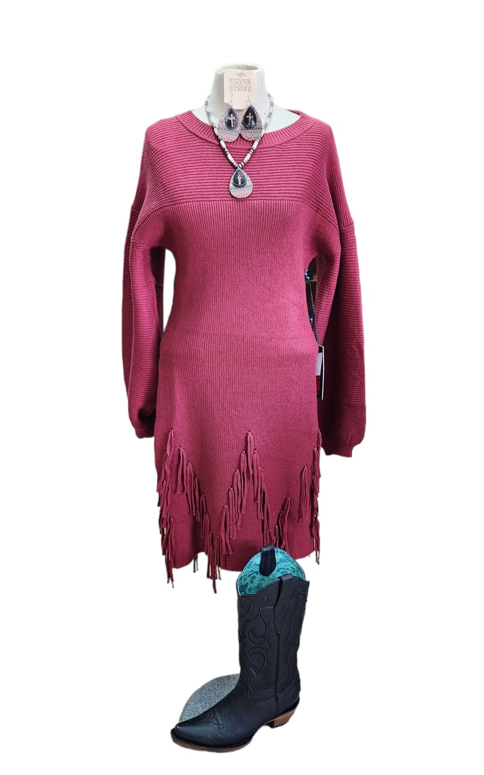 MAROON SWEATER FRINGE DRESS