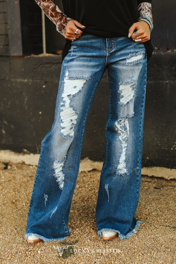 Dark Wash High Rise Distressed Trouser Jeans