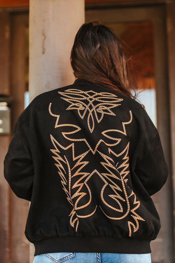 Black Suede Boot Stitching Embroidery Detail Bomber Jacket