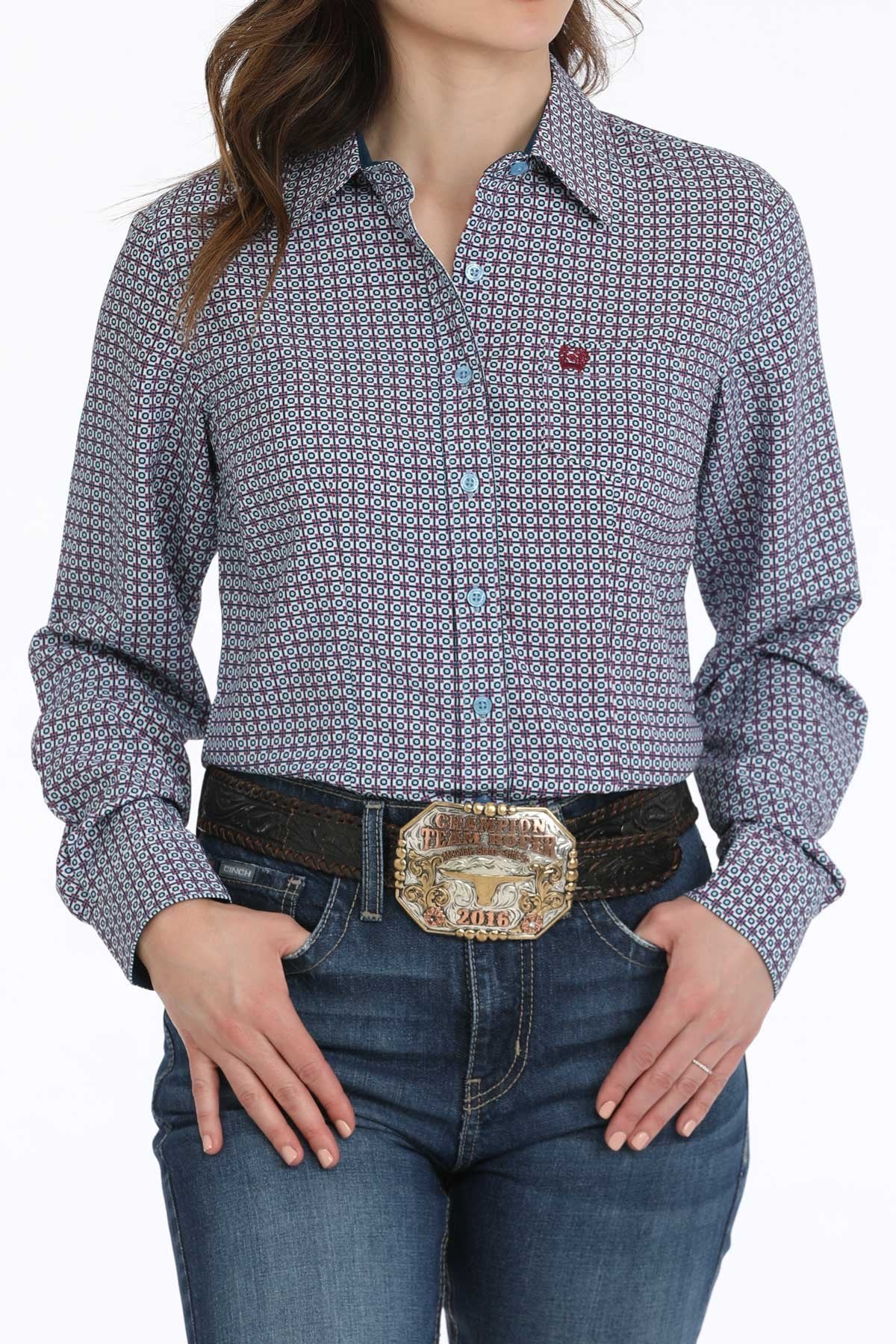 Cinch Blue Geometric Print Buton-Down Western Shirt