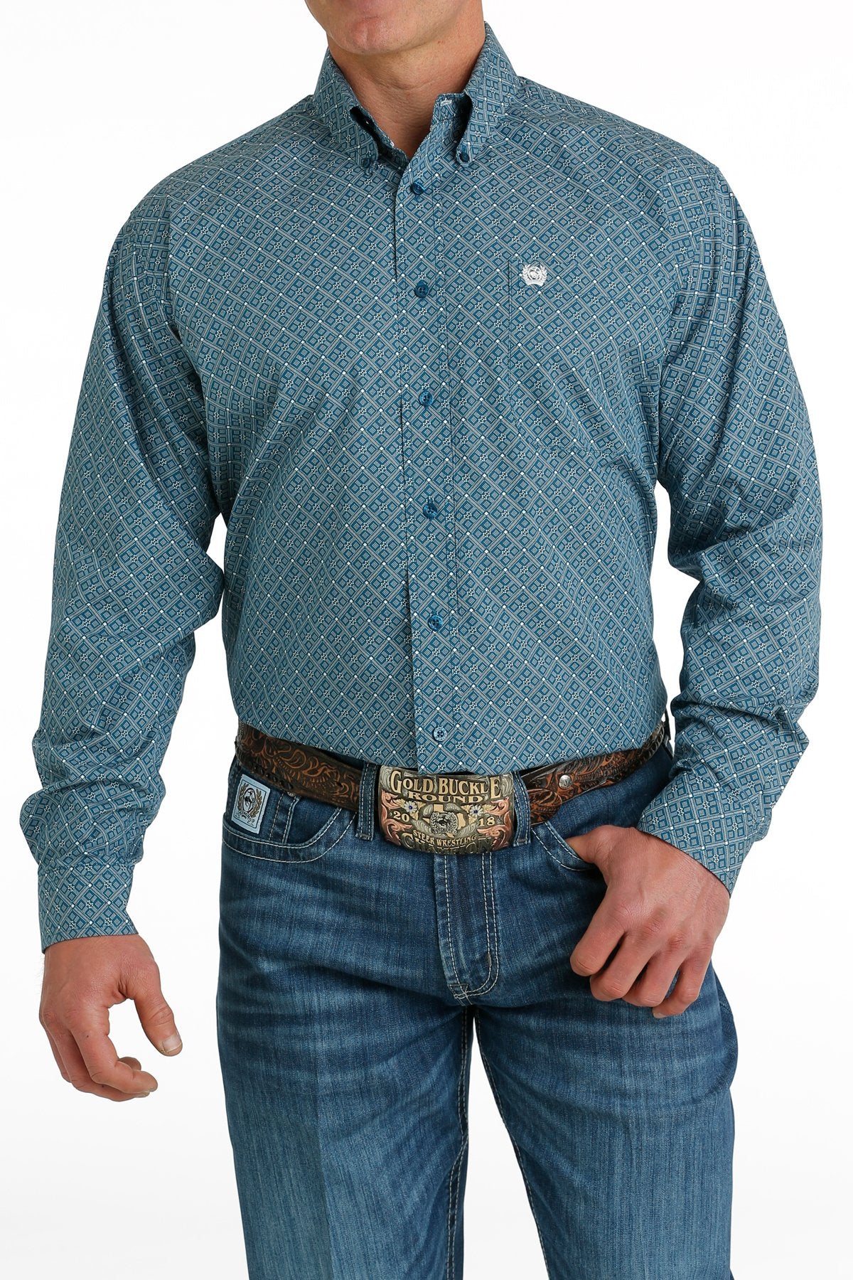 CINCH TEAL GEOMETRIC PRINT LONG SLEEVE SHIRT SHIRT