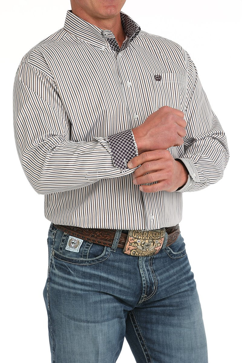Cinch White/Purple Striped Button-Down Tencel Long Sleeve Shirt