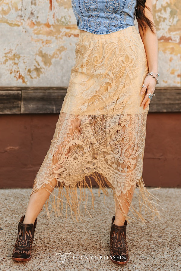 Camel Lace Lined Skirt With Fringe Hem