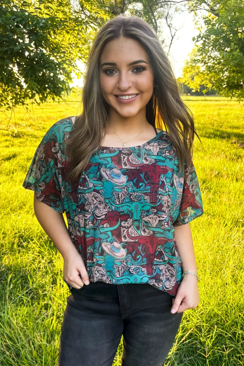 Stockyards and Longhorns Mesh Top