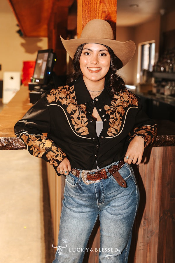 Black Button Down Western Camel Embroidered Yoke Sleeve Cuff Top