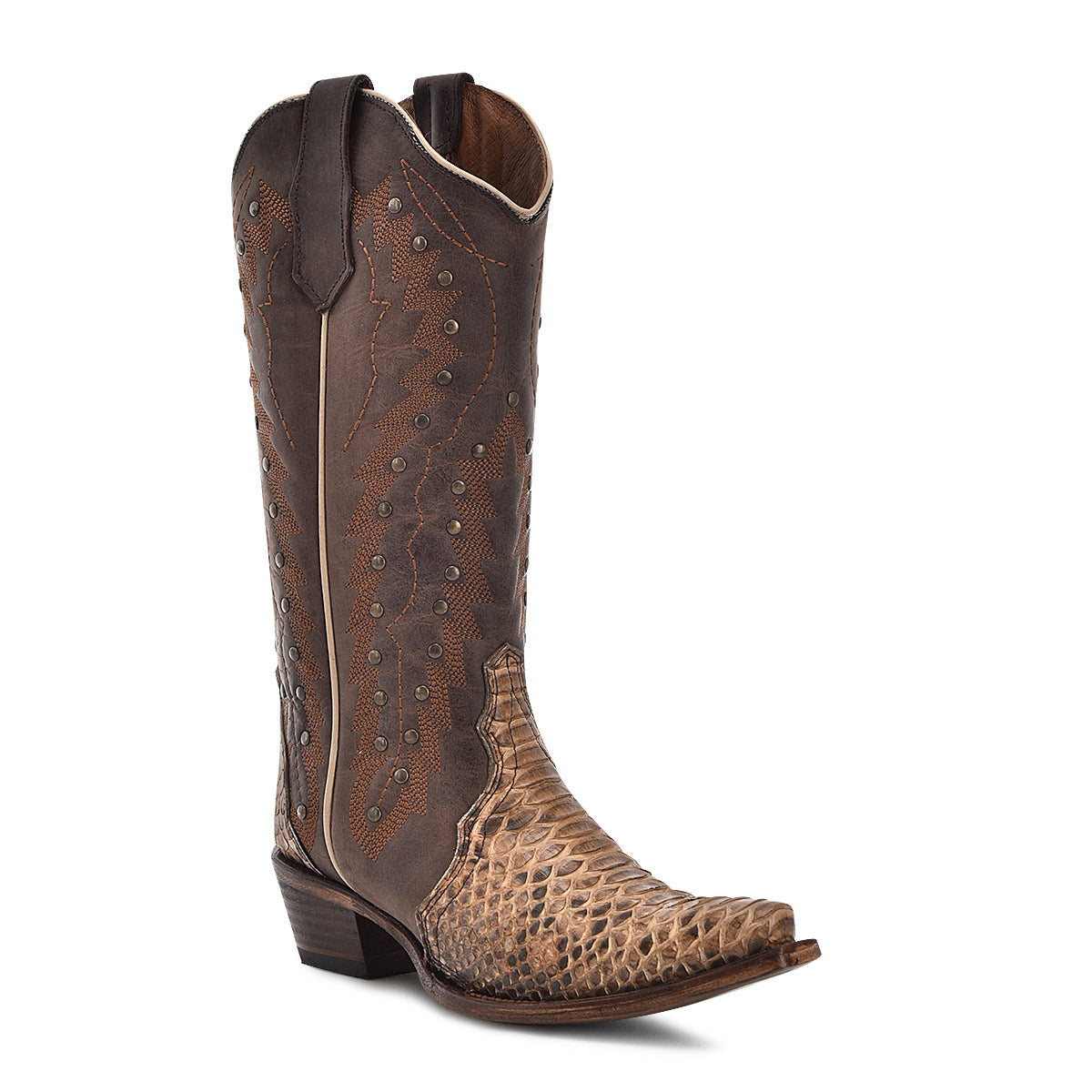 Corral Brown-Chocolate Python Embroidered Pointed Toe Boot