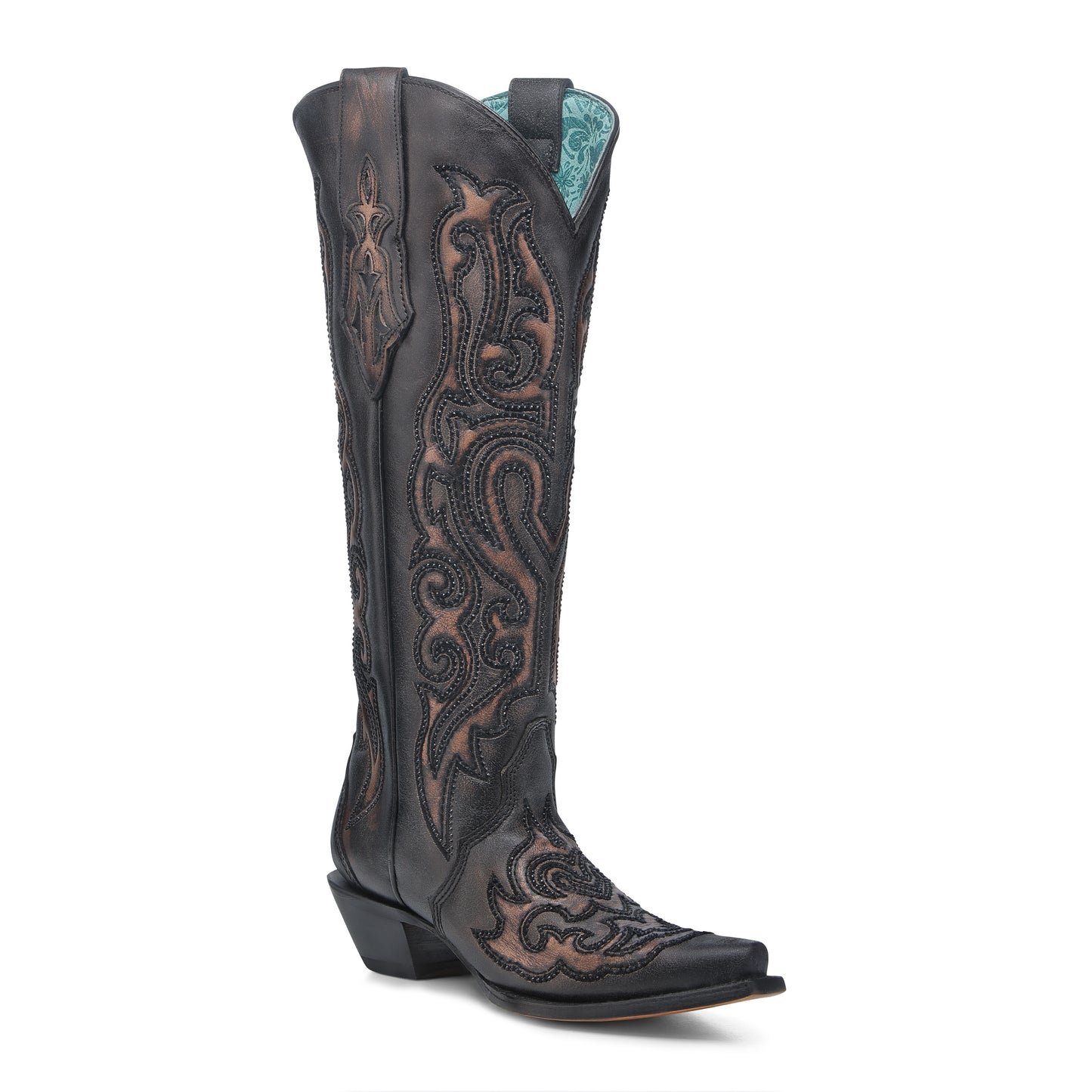 Corral Black Bronze Embroidered Crystal Tall Top Boot