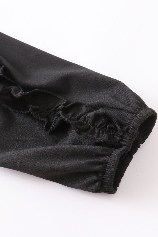 Black Ruffle Top Set With Pink Stripe Bottoms