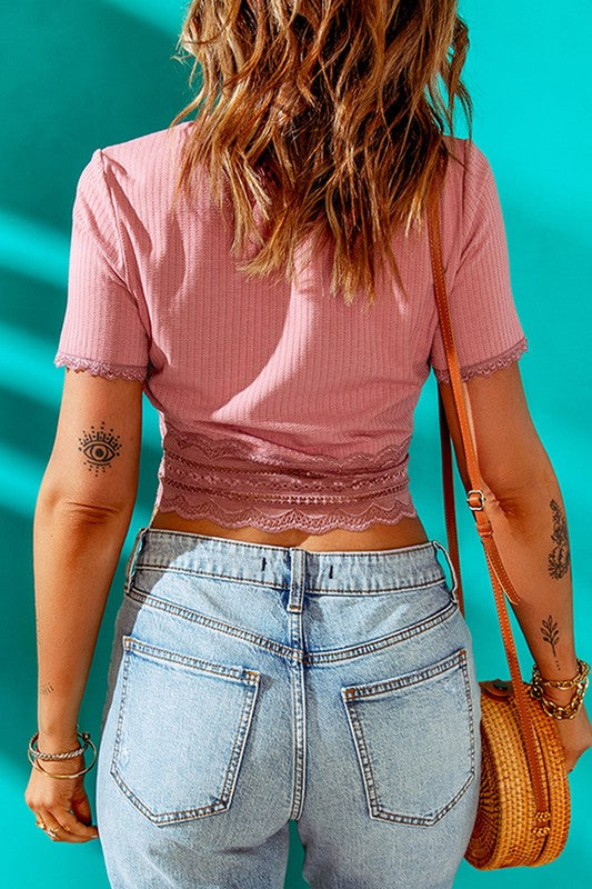 Knit Button Front Lace Trim Short Sleeve Crop Top