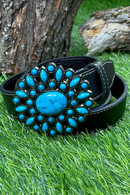 Black Leather Belt With A Turquoise Buckle