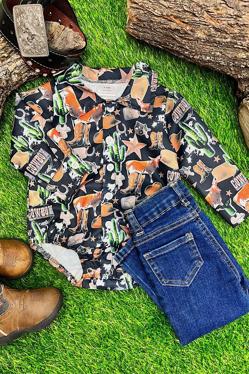 RODEO BLACK COWBOY BABY ONESIE